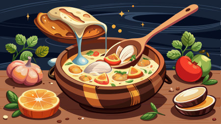 Ladle pouring thick creamy clam chowder with clams potatoes and bacon into rustic bread bowl. AI generated. Vector iconのイラスト素材