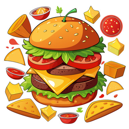 Doritos Burger with beef patty, Doritos chips, nachos, pickles, melted cheese, cheddar, bbq sauce. AI generated. Vector iconのイラスト素材