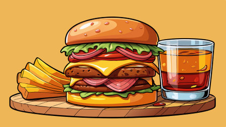 A delicious triple-meat hamburger with bacon and yellow cheese, accompanied by a glass of whiskey. AI generated. Vector iconのイラスト素材