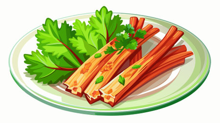 Celery Sticks with Crumbled Bacon and Parsley on White Plate, Celery, Bacon, Appetizer, Garnish. AI generated. Vector iconのイラスト素材