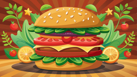 A Cheeseburger with beef, lettuce, tomato, onion and cheese, Cucumber with traditional background. AI generated. Vector iconのイラスト素材