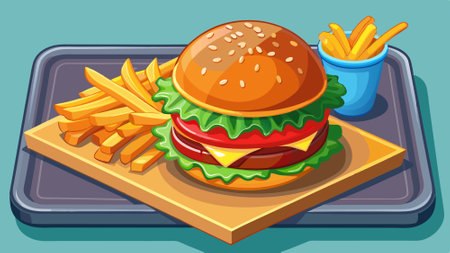 A juicy cheeseburger with lettuce, tomato, and pickles, served with a side of crispy fries on a tray. AI generated. Vector iconのイラスト素材