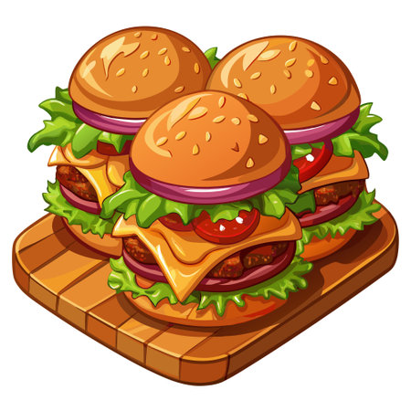 Close-up of three juicy bacon cheeseburgers with caramelized onions and lettuce on a wooden board.. AI generated. Vector iconのイラスト素材
