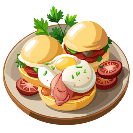 Gourmet Eggs Benedict with Poached Eggs, Canadian Bacon, and Hollandaise Sauce on English Muffins. AI generated. Vector iconのイラスト素材