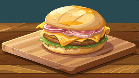 Breakfast sandwich with English muffin, scrambled egg, ham, and cheese, placed on a cutting board.. AI generated. Vector iconのイラスト素材