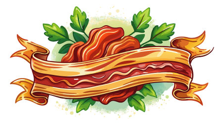 Delicious bacon. Smoked baked bacon on white background. Horizontal banner. Watercolor Illustration. AI generated. Vector iconのイラスト素材