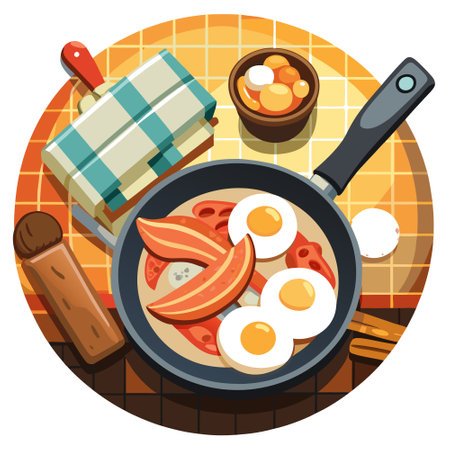 A frying pan, brimming with eggs and bacon, sits atop a wood-burning stove A nearby spatula awaits u. AI generated. Vector iconのイラスト素材