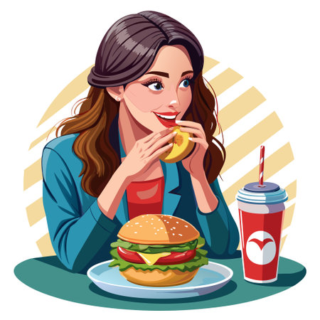 A woman indulging in a hearty hamburger at a restaurant, savoring every bite of this delicious meal.. AI generated. Vector iconのイラスト素材