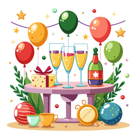 A table decorated with glasses of champagne and wine, sparkles, Christmas balls and balloons, Banner. AI generated. Vector iconのイラスト素材