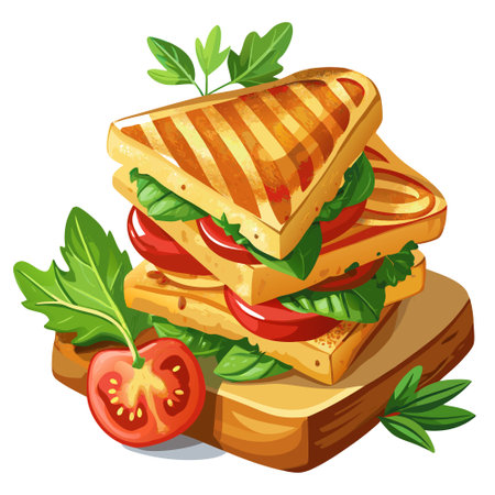 Grilled Cheese Sandwich with Tomatoes and Basil, Food Photography, Close-Up, Sandwich, Tomato, Basil. AI generated. Vector iconのイラスト素材