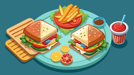 Club sandwich with French fries, takeaway fast food dinner isolated PNG, transparent cutout, top vie. AI generated. Vector iconのイラスト素材