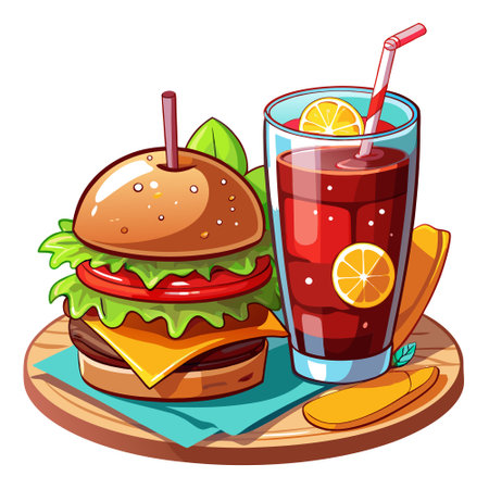 Delicious burger served with a cold glass of cola, ice cubes clinking. Perfect for a satisfying meal. AI generated. Vector iconのイラスト素材