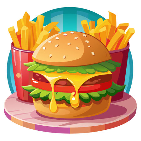 Blured background photo of a horizontal burguer with extra melted cheese and fries at a burguer plac. AI generated. Vector iconのイラスト素材