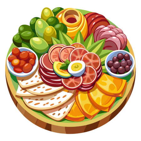 A colorful platter filled with sliced meats cheeses olives and grapes perfect for a party or gatheri. AI generated. Vector iconのイラスト素材