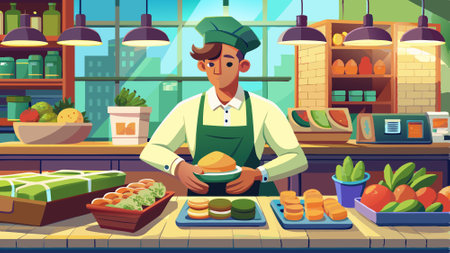 A deli employee preparing sandwiches and salads for the deli counter, Grocery store, blurred backgro. AI generated. Vector iconのイラスト素材