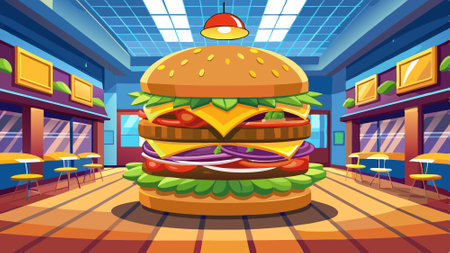 A succulent triple patty hamburger, loaded with cheese and toppings, in a fast-food restaurant setti. AI generated. Vector iconのイラスト素材
