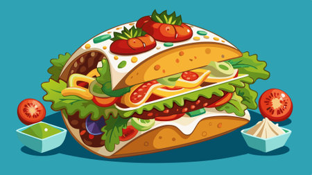 A deconstructed taco with layers of tortilla, seasoned beef, lettuce, cheese, tomatoes, and sour cre. AI generated. Vector iconのイラスト素材