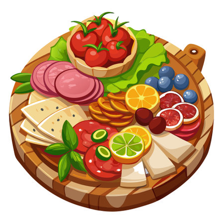 Italian appetizer Charcuterie Board served on wooden board platter, cut out on transparent backgroun. AI generated. Vector iconのイラスト素材