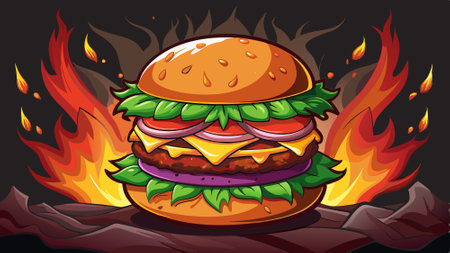 A yummy tasty Appetizing burger fresh fast food with beef and cheese burgers vegetables black fire b. AI generated. Vector iconのイラスト素材