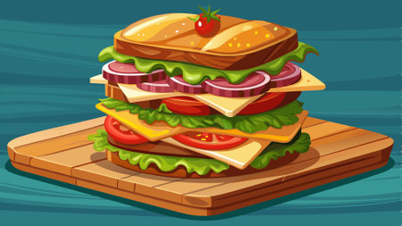 Deliciously stacked sandwiches with layers of cheese, vegetables, and savory meats on a rustic woode. AI generated. Vector iconのイラスト素材