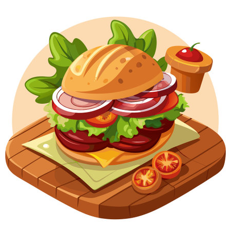 Close-up of grilled chicken sandwich with bacon, tomato, lettuce on wooden board, surrounded by othe. AI generated. Vector iconのイラスト素材