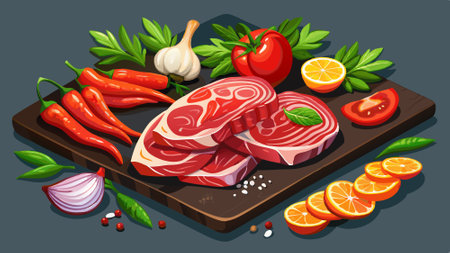 Fresh raw beef meat slices, bacon and vegetables like tomatoes, parsley and pepper laying on a black. AI generated. Vector iconのイラスト素材