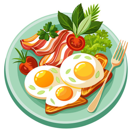 A delicious breakfast plate of sunny-side-up eggs, crispy bacon, and fresh herbs, perfect for a heal. AI generated. Vector iconのイラスト素材