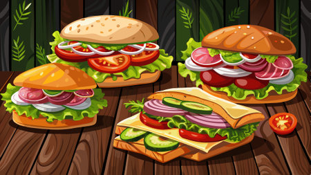 Fresh submarine sandwiches with ham, cheese, bacon, tomatoes, lettuce, cucumbers and onions on dark. AI generated. Vector iconのイラスト素材