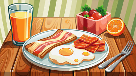 A plate of bacon and eggs sits on a wooden table next to a glass of orange juice. The plate is white. AI generated. Vector iconのイラスト素材