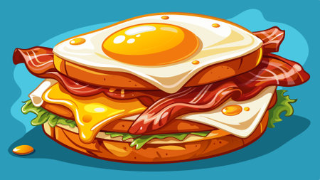 A close-up of a fried egg sandwich, with runny yolk spilling over crispy bacon and melted cheese, re. AI generated. Vector iconのイラスト素材