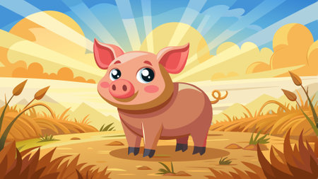 A cute adult pig standing in dry hay during the day with a beautiful skyscape a spring background wi. AI generated. Vector iconのイラスト素材