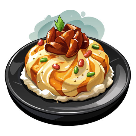 Close-up of mashed potatoes with crispy bacon on a black plate. Seasoned with salt and pepper, with . AI generated. Vector iconのイラスト素材