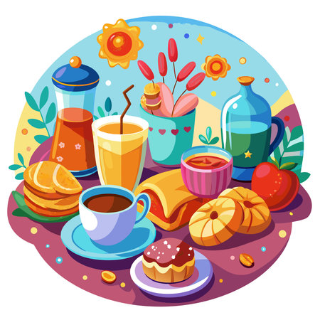 Delightful breakfast spread featuring a variety of bread buns, croissants, coffee, and juice on a vi. AI generated. Vector iconのイラスト素材
