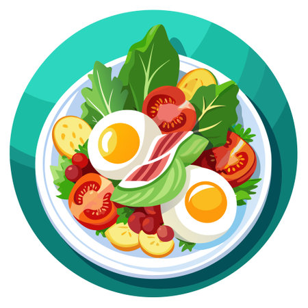 A white plate holding a salad topped with hard boiled eggs, bacon, spinach, and dressing, creating a. AI generated. Vector iconのイラスト素材