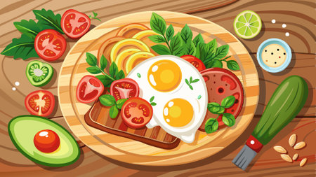 Delicious breakfast plate with eggs, avocado, bacon, tomatoes, and fresh herbs on a wooden board, pe. AI generated. Vector iconのイラスト素材