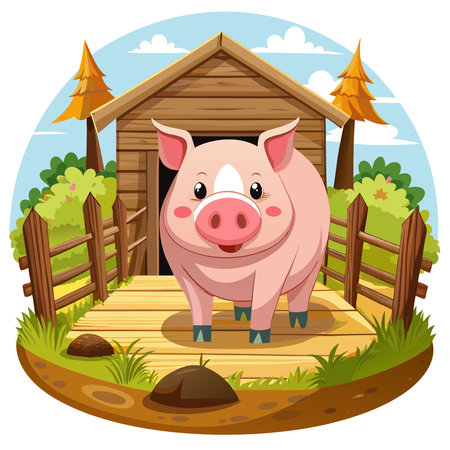 A plump pig stands alone in a rustic farm enclosure surrounded by hay and wooden fencing, awaiting i. AI generated. Vector iconのイラスト素材