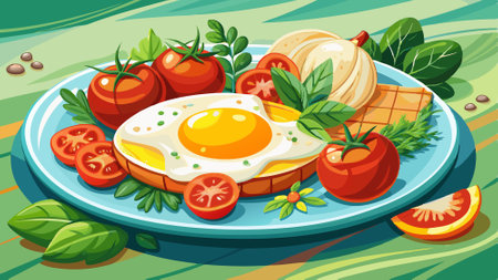 A delicious breakfast dish with sunny-side-up eggs garnished with herbs, served with tomatoes and gr. AI generated. Vector iconのイラスト素材