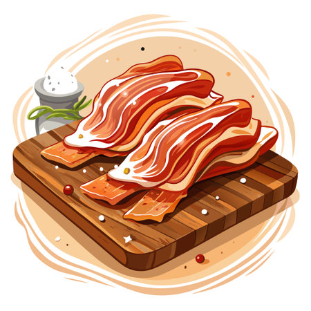 Freshly cut raw bacon slices laid arranged on a rustic wooden table, sprinkled with a pinch of salt, . AI generated. Vector iconのイラスト素材