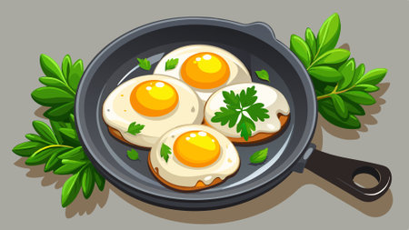 Three fried eggs in a cast-iron skillet, garnished with fresh parsley against a gray backdrop A soli. AI generated. Vector iconのイラスト素材