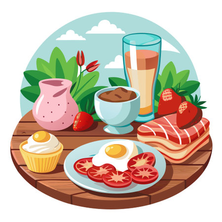 Breakfast with fresh strawberries, milk and cookies on wooden table. Breakfast with bacon, eggs and . AI generated. Vector iconのイラスト素材