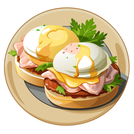 Classic eggs Benedict with poached eggs, Canadian bacon, and hollandaise sauce on an English muffin,. AI generated. Vector iconのイラスト素材