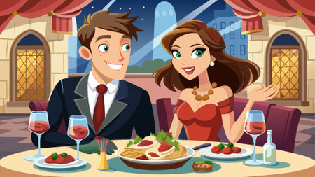 Close up cropped photo of happy couple have a romantic date in a fine dining Italian restaurant. Rom. AI generated. Vector iconのイラスト素材