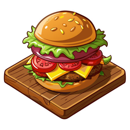 Burger with double beef cutlet cheddar cheese tomatoes caramelized onion and fried bacon on wooden c. AI generated. Vector iconのイラスト素材