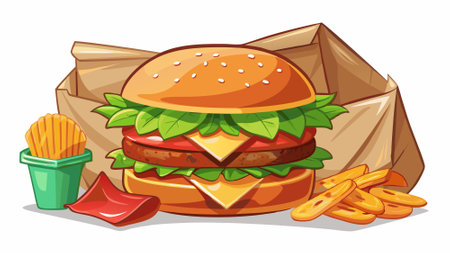 Ecofriendly packed burger with chips, sustainable packaging mockup, isolated on a clean white backgr. AI generated. Vector iconのイラスト素材