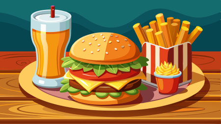 An inviting ensemble featuring a delicious hamburger, a side of crispy fries, and a cold beer, a per. AI generated. Vector iconのイラスト素材