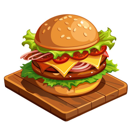 Juicy beef patty topped with melted cheddar cheese, crispy bacon, lettuce, tomato, and condiments on. AI generated. Vector iconのイラスト素材