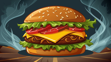 Close-up of a delicious double cheeseburger with fresh lettuce, crispy bacon, and smoky backdrop, ca. AI generated. Vector iconのイラスト素材
