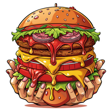 A massive double-decker burger, piled high with juicy patties, melted cheese, crisp bacon, and fresh. AI generated. Vector iconのイラスト素材