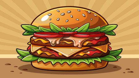 A mouthwatering BBQ beach burger with juicy beef patty, crispy bacon, melted cheese, lettuce, tomato. AI generated. Vector iconのイラスト素材