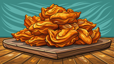 Crunchy fried pork cracklings displayed on a wooden surface with room for text in the image. with co. AI generated. Vector iconのイラスト素材